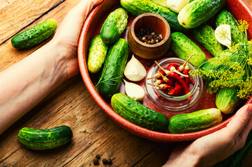 Raw cucumbers and ingredients for cooking pickled cucumbers