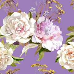 White and light pink peonies and dry grass watercolor on purple background seamless pattern for all prints.