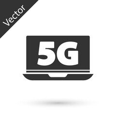 Grey Laptop with 5G new wireless internet wifi icon isolated on white background. Global network high speed connection data rate technology. Vector