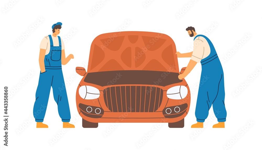 Poster mechanics checking and repairing auto in car repair service. workers and automobile with hood up. re
