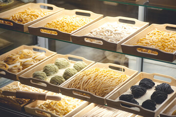 Fresh pasta. Handmade homemade Italian pasta made with fresh ingredients, eggs and wheat flour in a cafe window