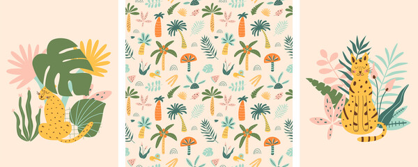 Jungle animals and tropic palm tree set. Cute leopard, jaguar safari cartoon animals, exotic leaves graphic elements. © Tani Kuzminka