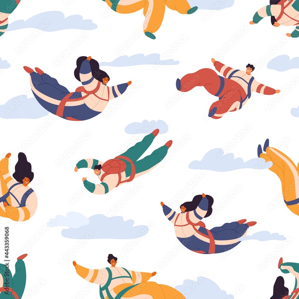 Aufkleber Seamless pattern with happy people skydiving in sky. Repeatable texture of free fall on white background for printing. Colored flat vector illustration of skydivers falling and flying in clouds