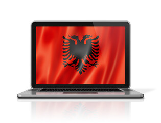 Albanian flag on laptop screen isolated on white. 3D illustration