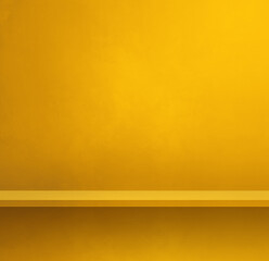 Empty shelf on a yellow wall. Background template. Square banner
