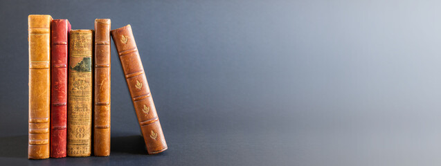 Row of old books on dark background banner