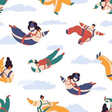 Seamless pattern with happy people skydiving in sky. Repeatable texture of free fall on white background for printing. Colored flat vector illustration of skydivers falling and flying in clouds