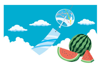 風鈴と空とスイカの夏のイラスト素材
