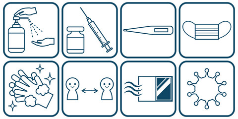 新型コロナウイルス（COVID-19）対策の線画アイコンセットのイラスト