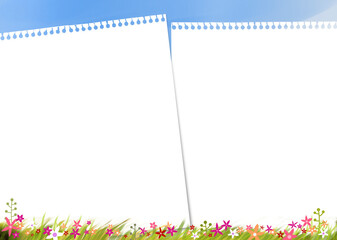 A background image made of clouds floating in the sky, flowers blooming in grasslands, and paper shapes.
Print in A3 size.