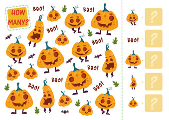 Count how many pumpkins. Mini math game for three Halloween pumpkins. Cartoon vector illustration of education counting game for preschool children. Put the number in the square