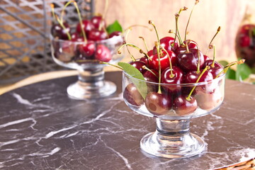 Ripe sweet large cherries fresh harvest close-up