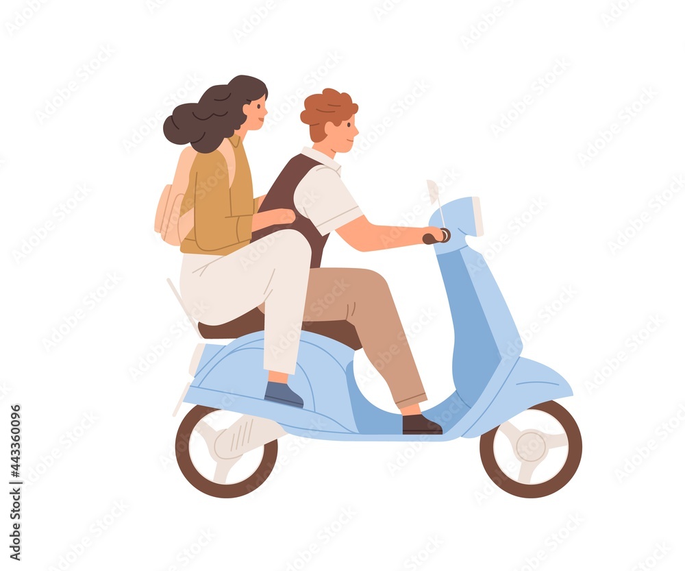 Sticker happy love couple traveling on modern motor scooter together. side view of man driving moped and wom