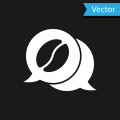 White Coffee and conversation icon isolated on black background. Coffee talk. Speech bubbles chat. Vector