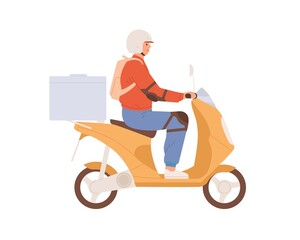 Fototapeta na wymiar Courier in helmet driving moped with delivery box. Man delivering smth. on motor scooter. Guy riding motorbike. Flat vector illustration of person sitting on bike isolated on white background