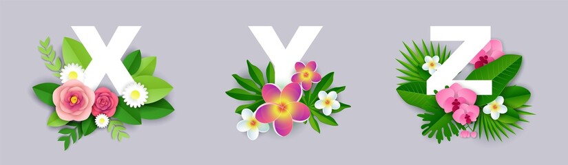 Floral alphabet, vector paper cut illustration. X, Y, Z English capital letters with exotic tropical leaves and flowers.