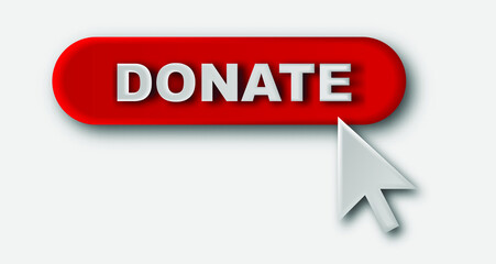 Donate button icon. Red button with cursor symbol. Symbol of financial aid isolated on white background. 3D vector