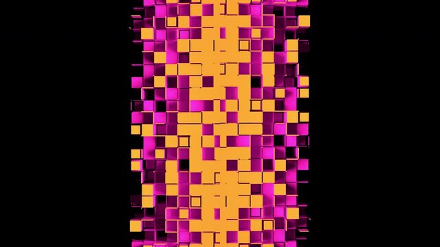 Pink square cells form horizontal abstract yellow doors that closes the black screen. Nanotech concept. 3D animated transition intro with alpha channel as matte mask and chroma key color id.