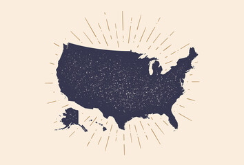 USA. Poster map of United States of America. Print map of USA for t-shirt, poster. Hand-drawn map in style with linear drawing light rays, sunburst and rays of sun. Vector Illustration