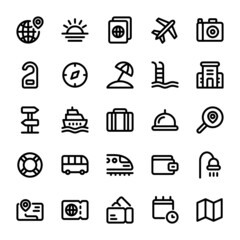 Travel Related Vector Line Icons. Contains such Icons as Airplane, Beach, Bus and More