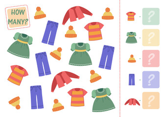Count how many wardrobe items, clothes are shown and enter in the square with an example. Math mini-game with clothes. Vector illustration of education counting for preschool children.