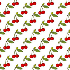 Fresh cherry hand drawn background. Doodle wallpaper vector. Colorful seamless pattern with fruits