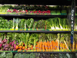 Organic vegetables for sale on display in the supermarket