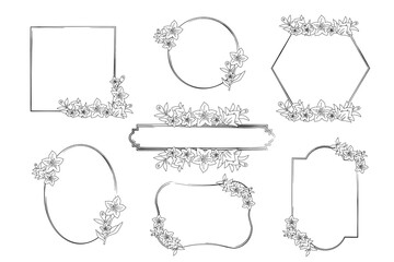 桔梗（キキョウ）のフレームセット　線画イラスト