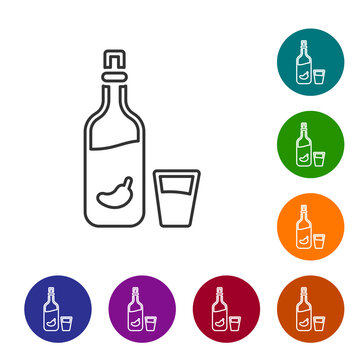 Black line Vodka with pepper and glass icon isolated on white background. Ukrainian national alcohol. Set icons in color circle buttons. Vector