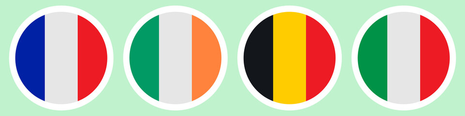 Fototapeta premium Flags of countries. France, Ireland, Belgium, Italy. Collection of stickers on a white backing. Vertical lines. Set of colored vector icons. Isolated background. National symbol of the state. 