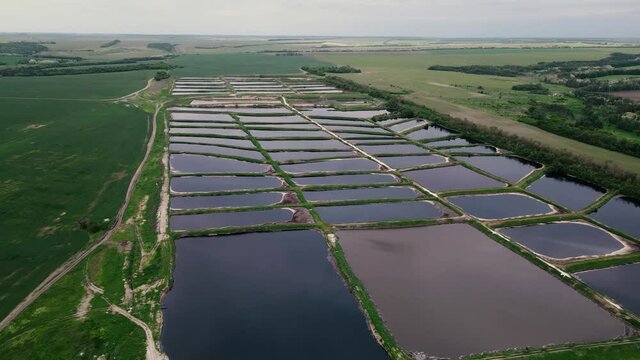 many artificial reservoirs taken from the drone in the summer. aerial shooting