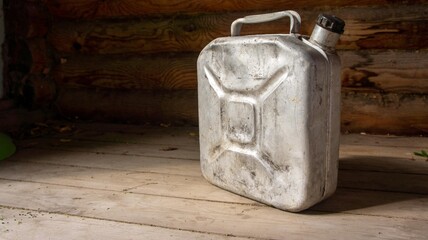 Aluminum can with gasoline on wooden background. Biodiesel. Environmental protection. Ecology