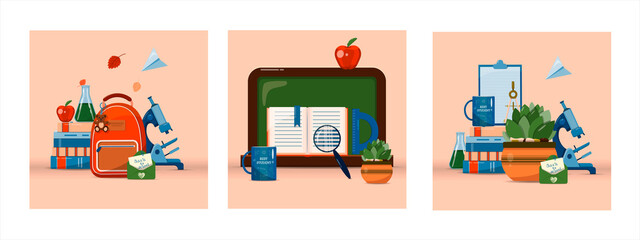 Back to school. Big vector set. Stationery for school, university and office. Cartoon school supplies. A set of colored icons. Flat illustrations for elementary school. Bright cut out cliparts