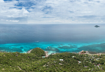 Mae Haad Beach, Koh Tao Island Ko Tao Island Thailand Drone Aerial Shot with Copy Space blue green turquoise landscape panorama