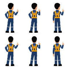 Set of industrial worker is pointing to something on white background