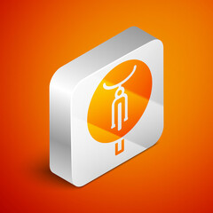 Isometric Bicycle icon isolated on orange background. Bike race. Extreme sport. Sport equipment. Silver square button. Vector