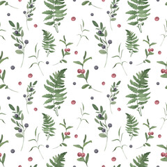 Watercolor seamless pattern with forest berries and fern.