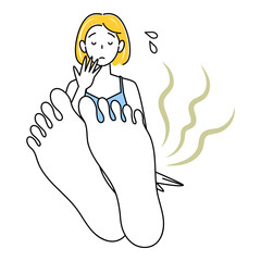 スキンケア 自分の足が臭くて驚き悲しんでいる可愛い女性 足裏のアップ イラスト ベクター