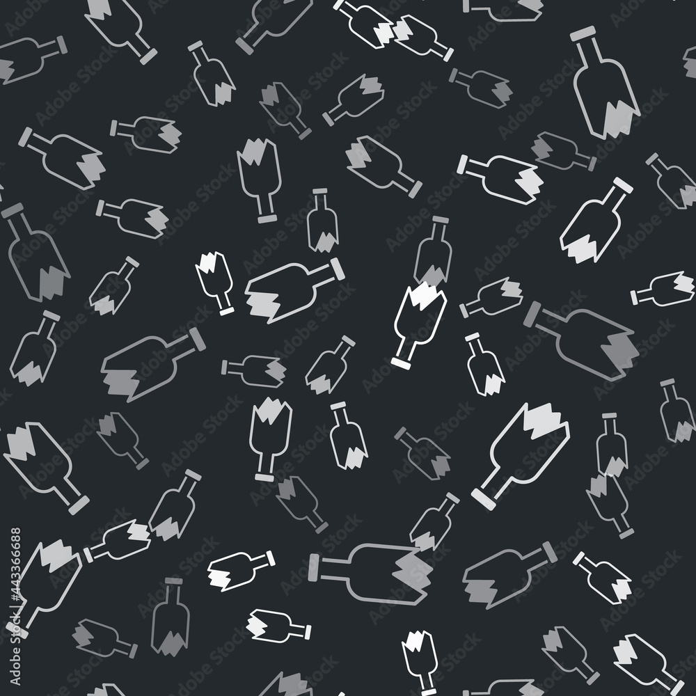 Poster grey broken bottle as weapon icon isolated seamless pattern on black background. vector