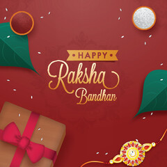 Naklejka premium 'Raksha Bandhan Wishes with top point of view of a Rakhi, and Tilak on Betel Leaf. Indian festival of Brother and Sister Bond. 