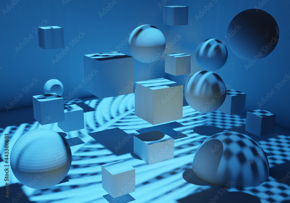 Poster geometric background. pattern with balls and cubes. wallpaper abstract. background texture blue. geo