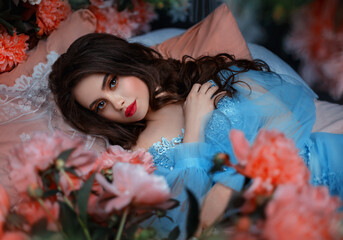 Portrait fantasy woman sleeping beauty lies on comfortable bed soft pillow. Background mystical...