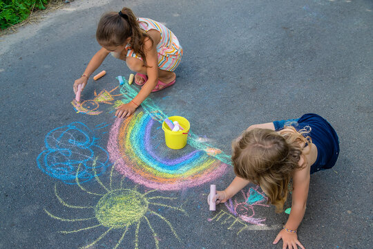 Kids Chalk Drawing On Driveway Stock Photo - Download Image Now