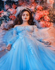 fantasy woman sleeping beauty lies sleep on comfortable bed, mattress, soft pillow. Background mystical garden, night, peonies flowers green trees. Fairy-tale girl princess in blue dress. Sweet dreams © kharchenkoirina