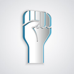 Paper cut Raised hand with clenched fist icon isolated on grey background. Protester raised fist at a political demonstration. Empowerment. Paper art style. Vector