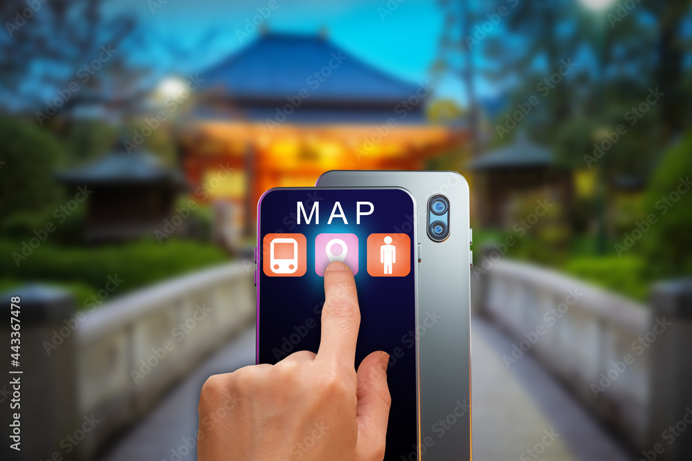 Poster map apps in phone. smartphone with online maps application. online cards for mobile phone. hand with