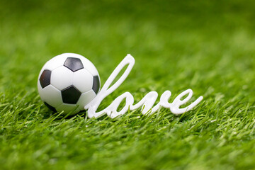 Soccer ball with love on green grass
