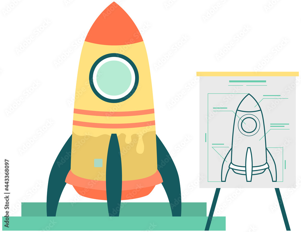 Poster launching new project. business startup with spaceship. rocket launch planning and modeling. layout 