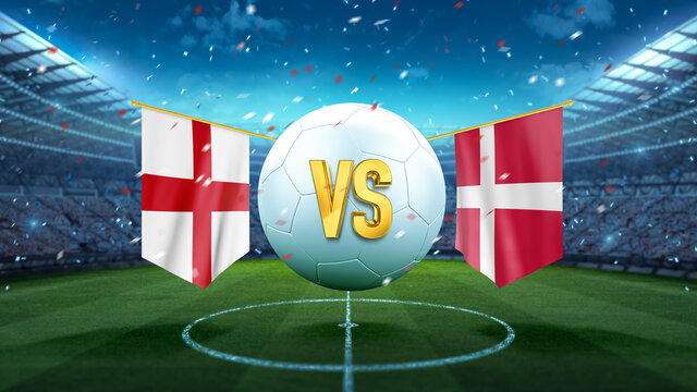 England vs Denmark. Soccer concept. White soccer ball with the flag in the stadium, 2021. 3d render