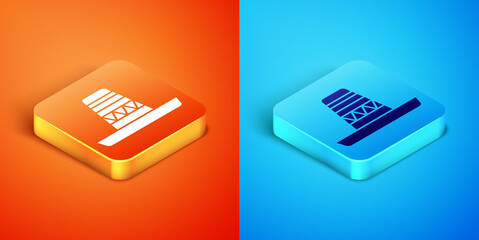 Isometric Traditional mexican sombrero hat icon isolated on orange and blue background. Vector